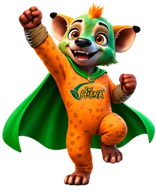 Mascote da Hiena com capa verde e braço levantado