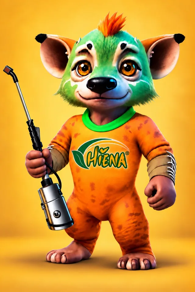 Mascote da Hiena com pulverizador e uniforme da empresa