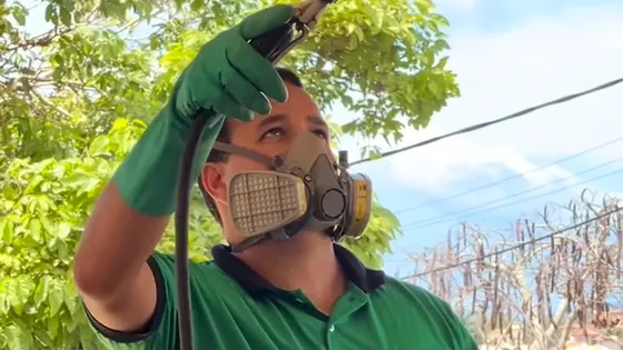 Profissional da Hiena com luvas e respirador durante atendimento externo